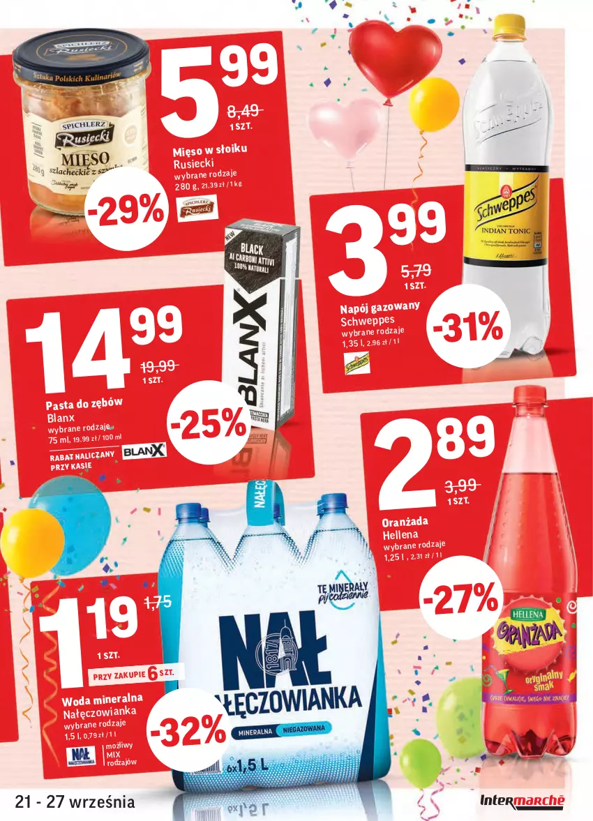 Gazetka promocyjna Intermarche - Gazetka promocyjna - ważna 21.09 do 27.09.2021 - strona 7 - produkty: Hellena, Nałęczowianka, Napój, Oranżada, Schweppes, Woda, Woda mineralna