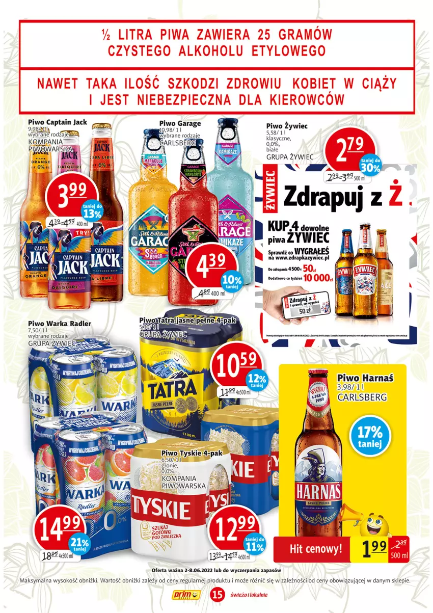 Gazetka promocyjna Prim Market - ważna 02.06 do 08.06.2022 - strona 15 - produkty: Captain Jack, Carlsberg, Gra, Harnaś, LG, Piwa, Piwo, Radler, Sok, Tyskie, Warka