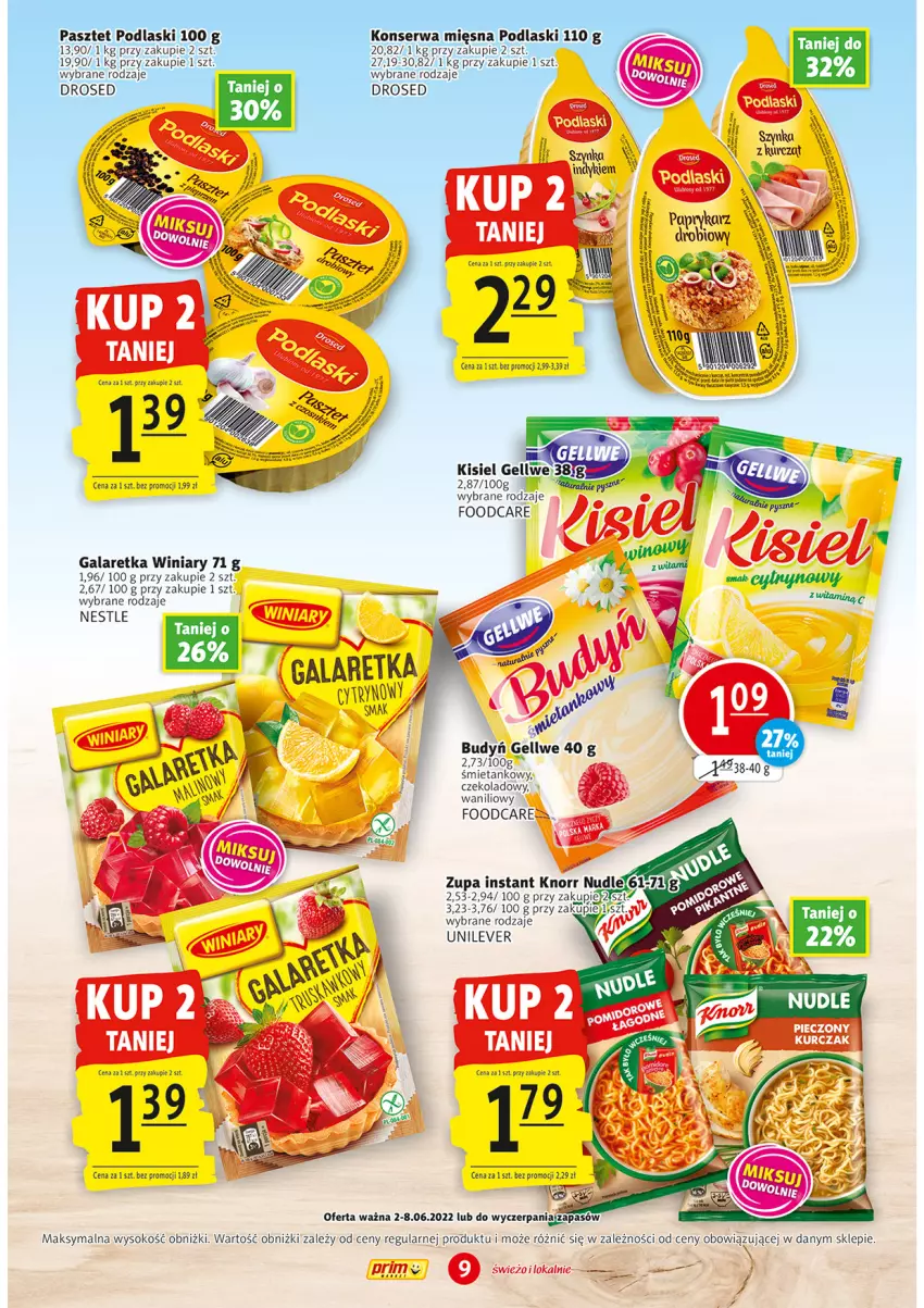 Gazetka promocyjna Prim Market - ważna 02.06 do 08.06.2022 - strona 9 - produkty: Budyń, Gala, Galaretka, Kisiel, Knorr, Kurczak, Papryka, Paprykarz, Pasztet, Podlaski, Ser, Sok, Szynka, Winiary, Zupa