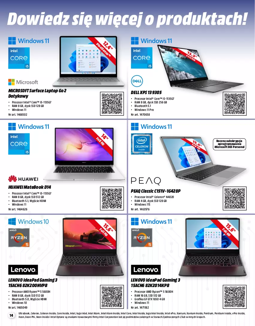 Gazetka promocyjna Media Markt - Gazetka Media Markt - ważna 02.01 do 31.01.2023 - strona 14 - produkty: Dell, Fa, Gra, Grafika, Huawei, Huawei MateBook, Intel, K2, Lenovo, Oprogramowania, Pentium, Por, Procesor, Surf, Top