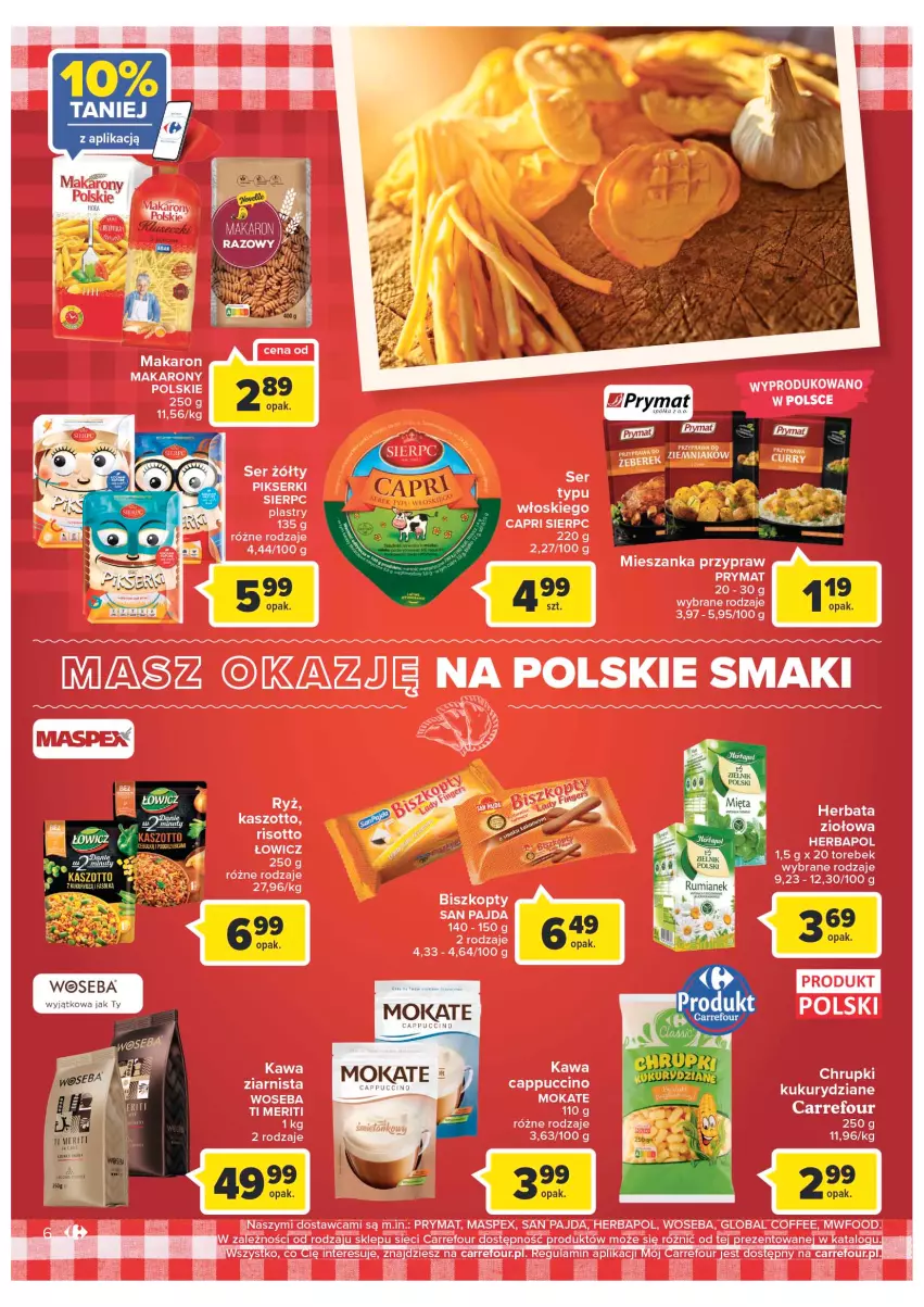 Gazetka promocyjna Carrefour - Gazzetka Polskie znane i kochane - ważna 23.08 do 29.08.2022 - strona 6 - produkty: Biszkopty, Cappuccino, Herbapol, Herbata, Kawa, Kawa ziarnista, Makaron, Prymat, Ser, Woseba, Zott