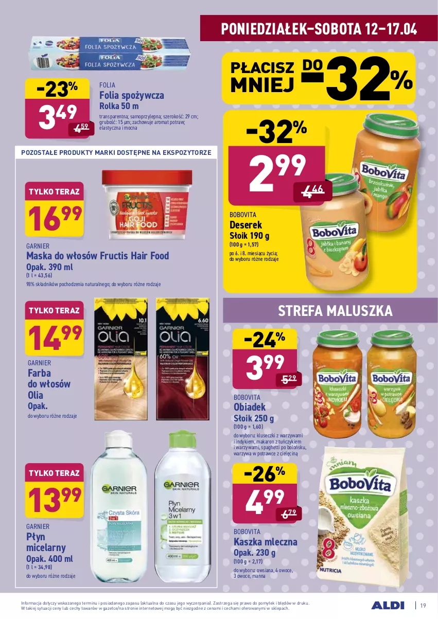 Gazetka promocyjna Aldi - ważna 12.04 do 17.04.2021 - strona 19 - produkty: BoboVita, Deser, Fa, Farba do włosów, Fructis, Garnier, Makaron, Maska, Maska do włosów, Mop, Owoce, Płyn micelarny, Ser, Serek, Spaghetti, Tera, Tran, Tuńczyk, Warzywa