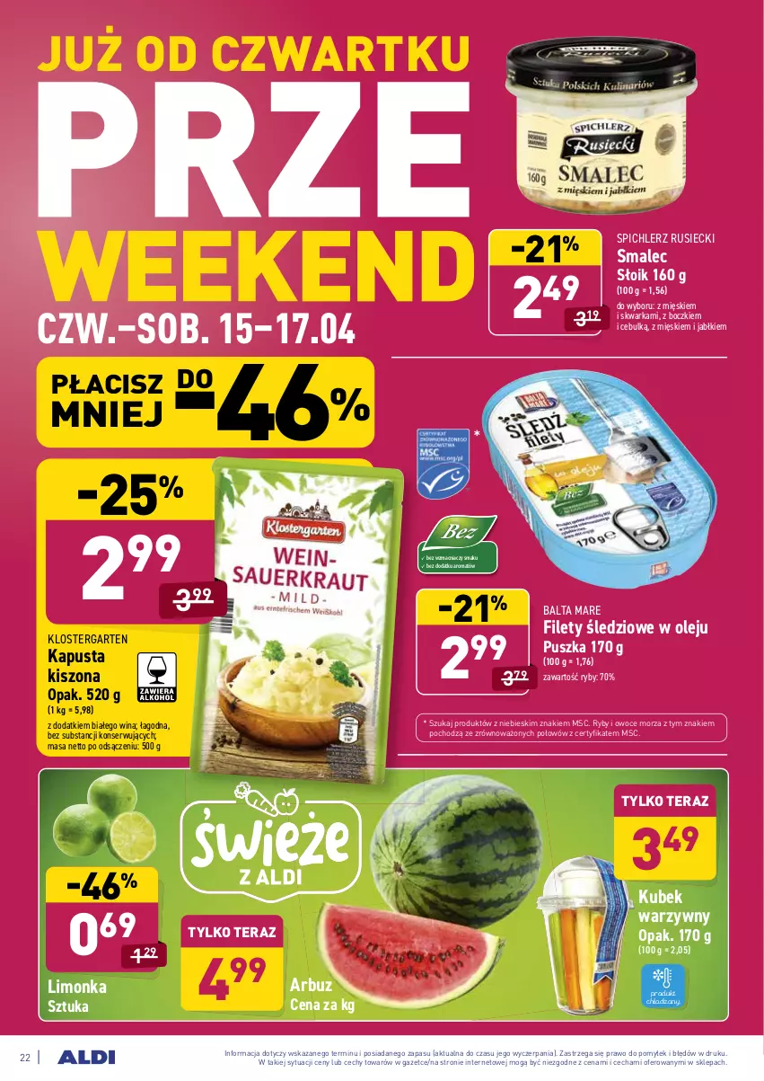 Gazetka promocyjna Aldi - ważna 12.04 do 17.04.2021 - strona 22 - produkty: Arbuz, Balta Mare, Klostergarten, Kubek, Limonka, Olej, Owoce, Owoce morza, Ryby i owoce morza, Ser, Smalec, Spichlerz Rusiecki, Tera, Warka