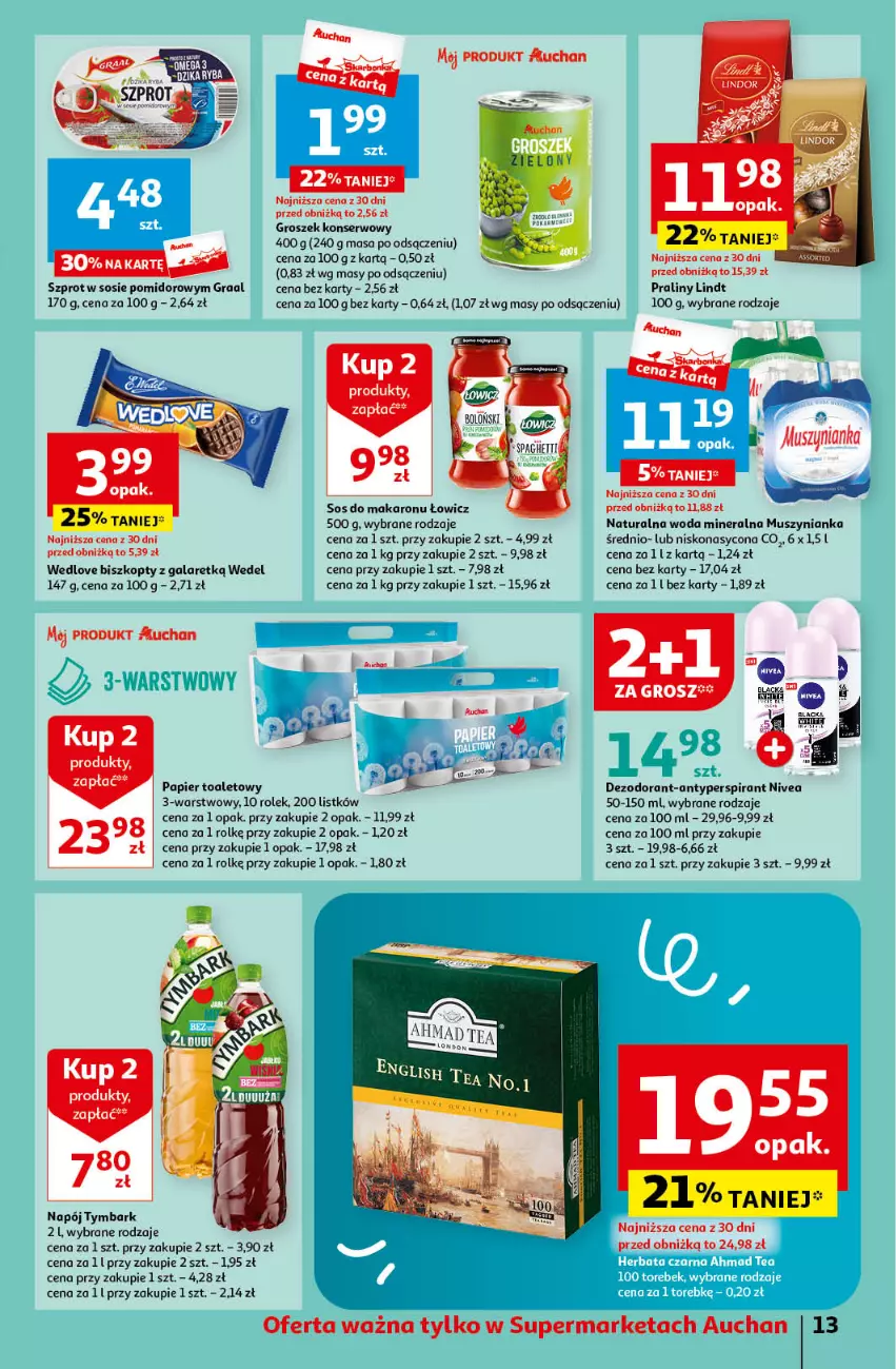 Gazetka promocyjna Auchan - Gazetka Koszyk Oszczędności Auchan Supermarket Auchan - ważna 16.05 do 22.05.2024 - strona 13 - produkty: Antyperspirant, Biszkopty, Dezodorant, Gala, Gra, Graal, Groszek, Lindt, Makaron, Mus, Muszynianka, Napój, Nivea, Papier, Papier toaletowy, Praliny, Ser, Sos, Sos do makaronu, Szprot, Szprot w sosie, Tymbark, Woda, Woda mineralna