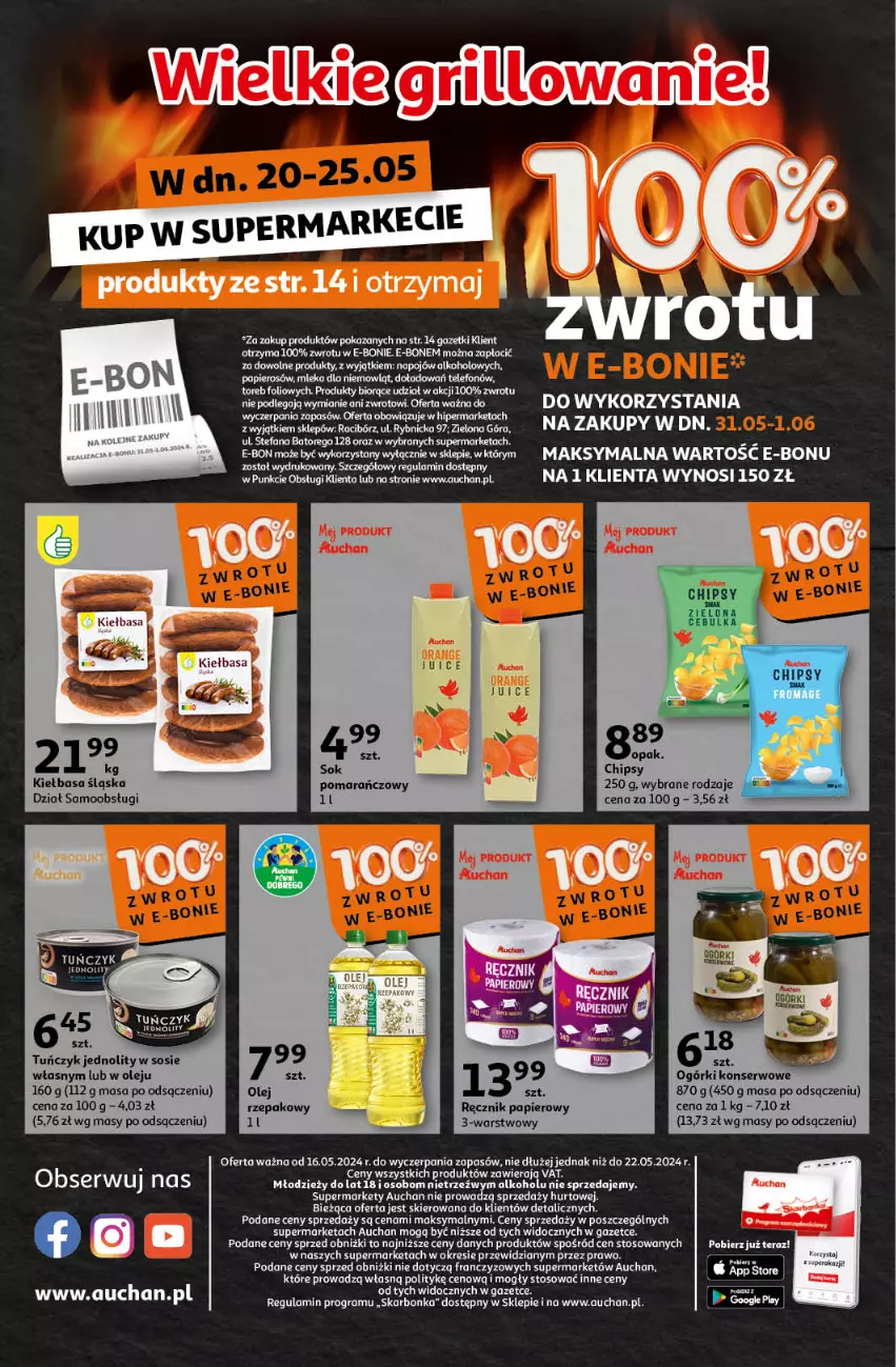 Gazetka promocyjna Auchan - Gazetka Koszyk Oszczędności Auchan Supermarket Auchan - ważna 16.05 do 22.05.2024 - strona 14 - produkty: Fa, Gra, Kiełbasa, Kiełbasa śląska, Ogórki konserwowe, Olej, Papier, Ręcznik, Ser, Sos, Tera, Tuńczyk