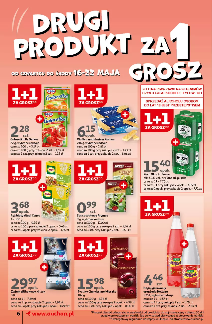 Gazetka promocyjna Auchan - Gazetka Koszyk Oszczędności Auchan Supermarket Auchan - ważna 16.05 do 22.05.2024 - strona 6 - produkty: Cenos, Gala, Galaretka, Gra, Hellena, Koc, Napój, Napój gazowany, Okocim, Oranżada, Piwa, Piwo, Praliny, Prymat, Ryż, Ryż biały, Sałat, Sos, Wafle