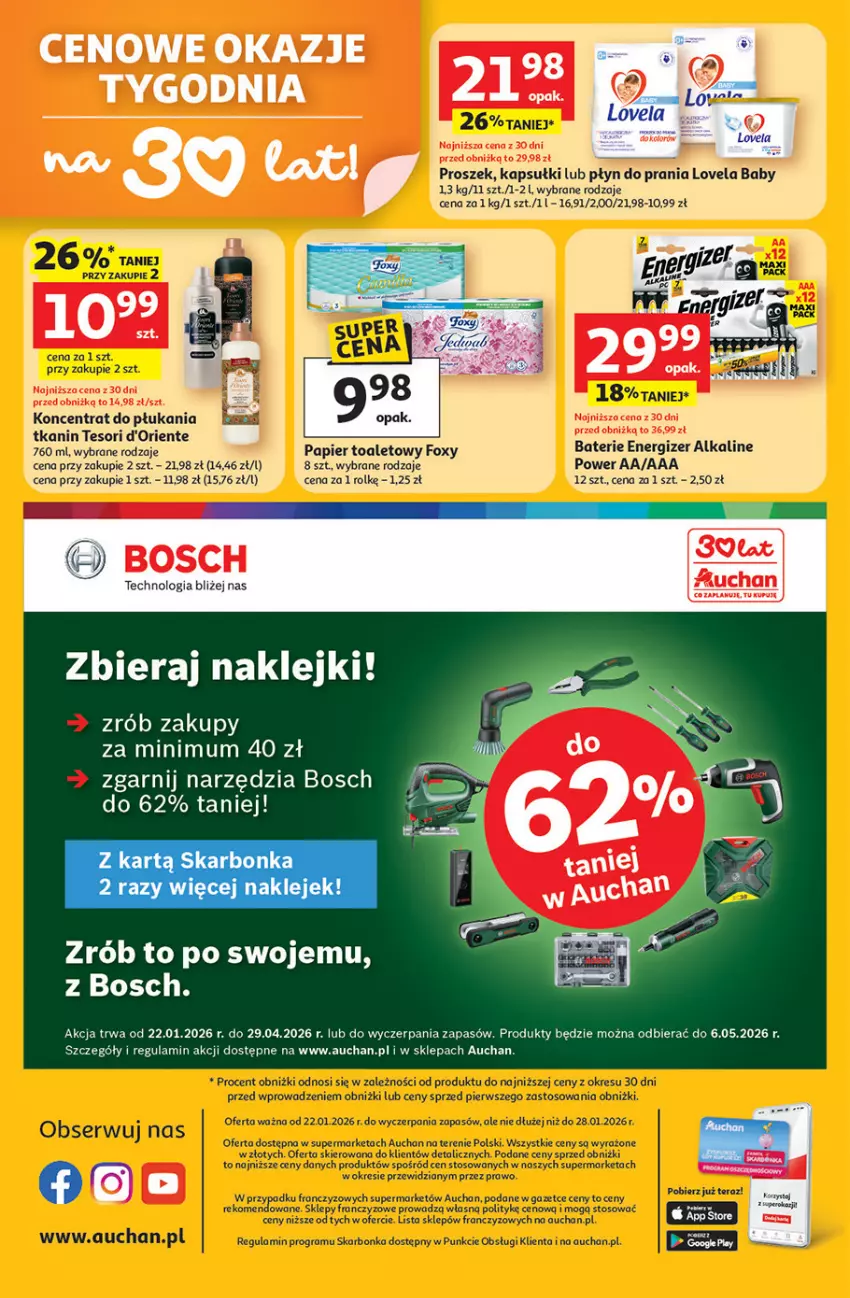 Gazetka promocyjna Auchan - Gazetka 30 Lat Auchan Supermarket Franczyza - ważna 22.01 do 28.01.2026 - strona 4 - produkty: Bosch, Energizer, Foxy, Gra, Klej, Lovela, Papier, Papier toaletowy, Płyn do prania, Ser, Tera