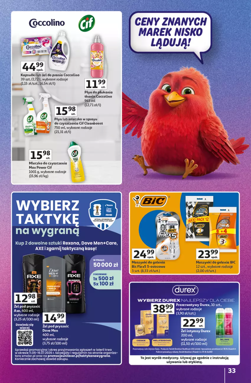 Gazetka promocyjna Auchan - Gazetka Znane Marki Hipermarket Auchan - ważna 11.06 do 17.06.2026 - strona 33 - produkty: BIC, Cif, Coccolino, Dove, Durex, Fa, Gra, Mleczko, Mola, Płyn do płukania, Prezerwatyw, Rexona