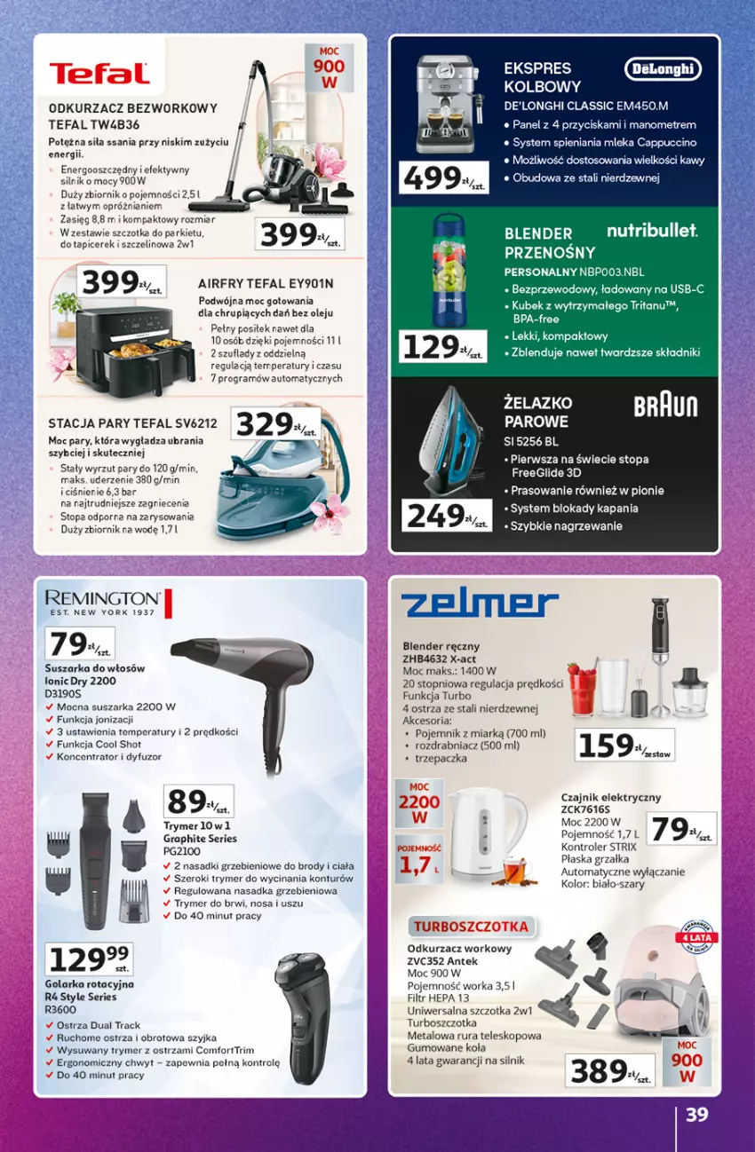 Gazetka promocyjna Auchan - Gazetka Znane Marki Hipermarket Auchan - ważna 11.06 do 17.06.2026 - strona 39 - produkty: Blender, Blender ręczny, Cappuccino, Czajnik, Czajnik elektryczny, Fa, Golarka, Gra, Grzałka, Kontroler, Kubek, Odkurzacz, Olej, Orka, Pojemnik, Por, Remington, Rozdrabniacz, Rura, Ser, Stacja pary, Suszarka, Szczotka, Tefal, Teleskop, Top, Trzepaczka