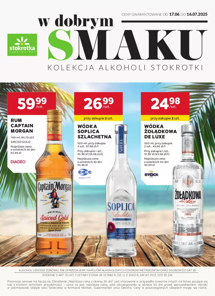 Gazetka promocyjna Stokrotka - W dobrym smaku! - ważna 17.06 do 16.07.2025 - strona 1 - produkty: Captain Morgan, Optima, Rum, Soplica, Wódka