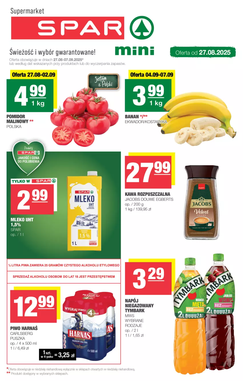 Gazetka promocyjna Spar - Spar-Mini - ważna 24.08 do 03.09.2025 - strona 1 - produkty: Carlsberg, Jacobs, Kawa, Kawa rozpuszczalna, Mleko, Piwo, Pomidor malinowy, Tymbark