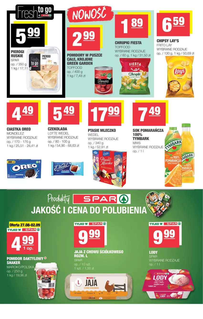 Gazetka promocyjna Spar - Spar-Mini - ważna 24.08 do 03.09.2025 - strona 3 - produkty: Chrupki, Ciastka, Czekolada, Gin, Jaja, Lody, Mleczko, Oreo, Pierogi, Pomidory, Ptasie mleczko, Sok, Top, Tymbark