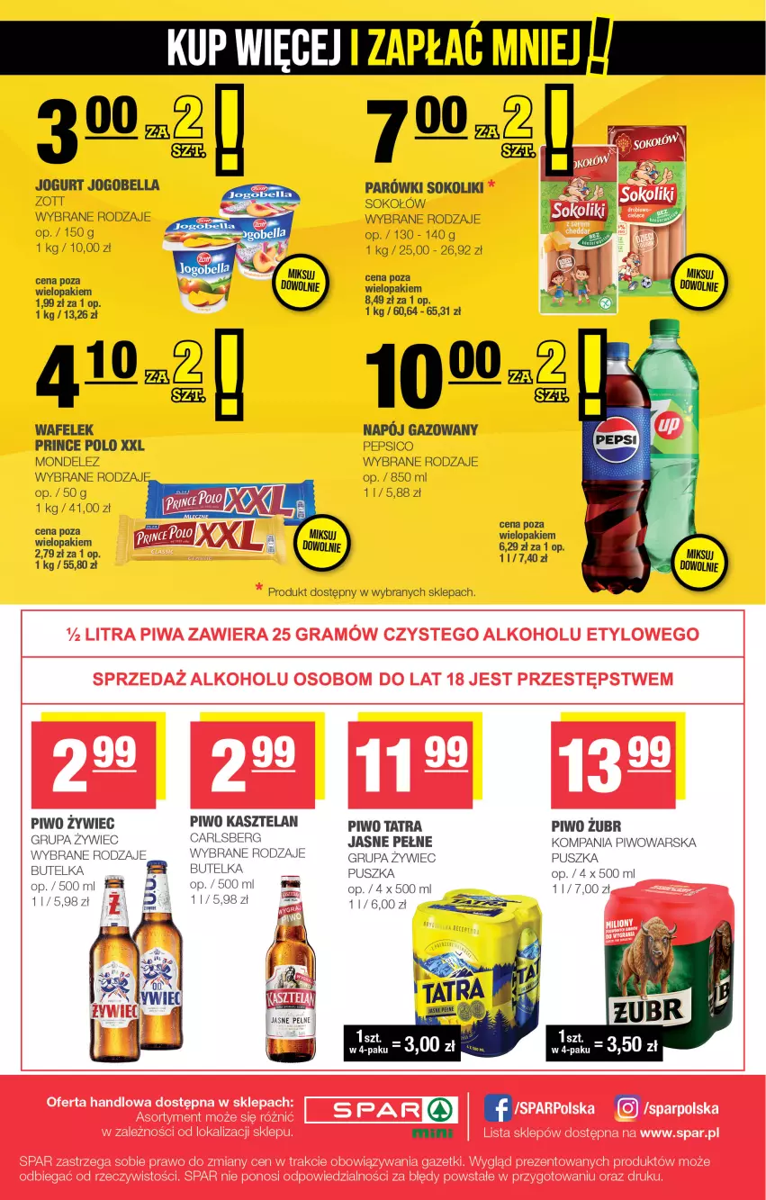 Gazetka promocyjna Spar - Spar-Mini - ważna 24.08 do 03.09.2025 - strona 4 - produkty: Bell, Bella, Carlsberg, Jogobella, Jogurt, Kasztelan, Napój, Napój gazowany, Parówki, Parówki sokoliki, Pepsi, Piwo, Prince Polo, Sok, Sokołów, Tatra, Wafelek