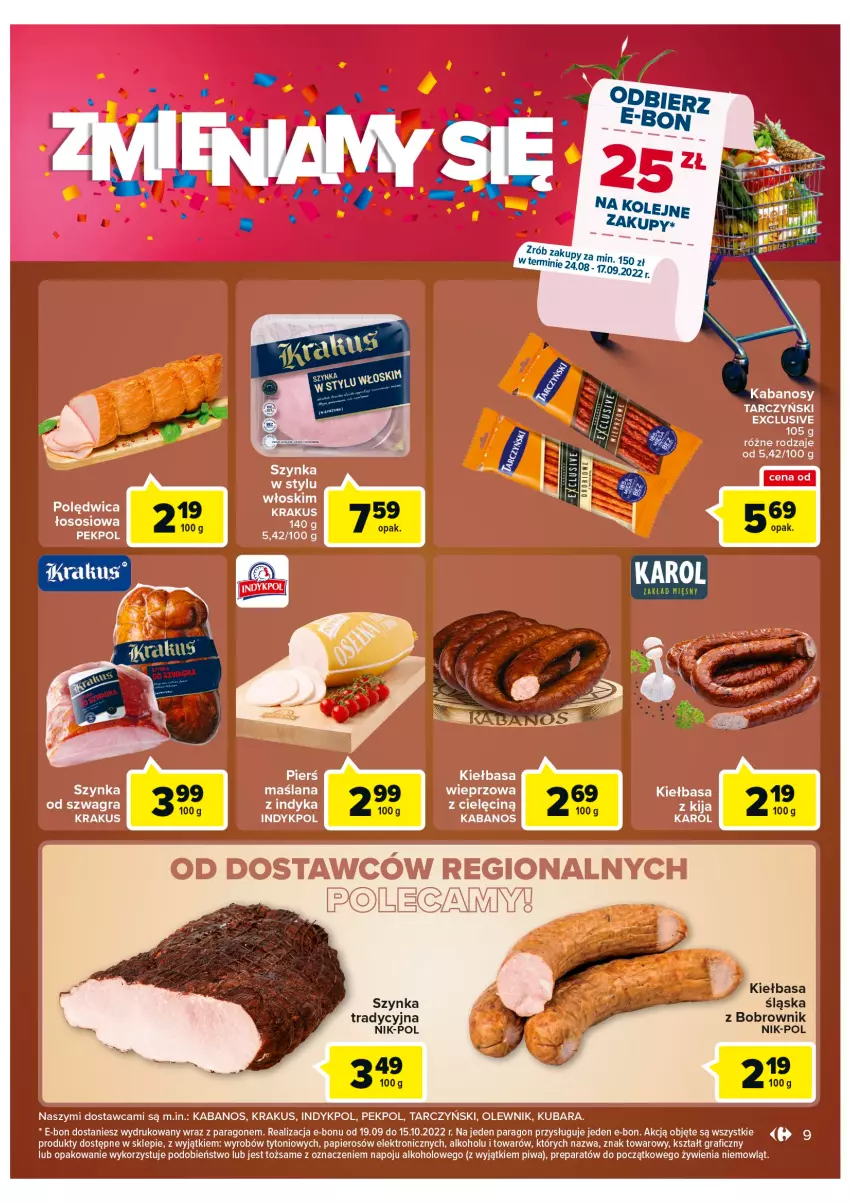 Gazetka promocyjna Carrefour - Gazetka Zmieniamy się Carrefour Galeria Krakowska - ważna 24.08 do 29.08.2022 - strona 9 - produkty: Gra, Kabanos, Kiełbasa, Krakus, LANA, Olej, Olewnik, Papier, Pekpol, Piwa, Polędwica, Sos, Szynka, Tarczyński