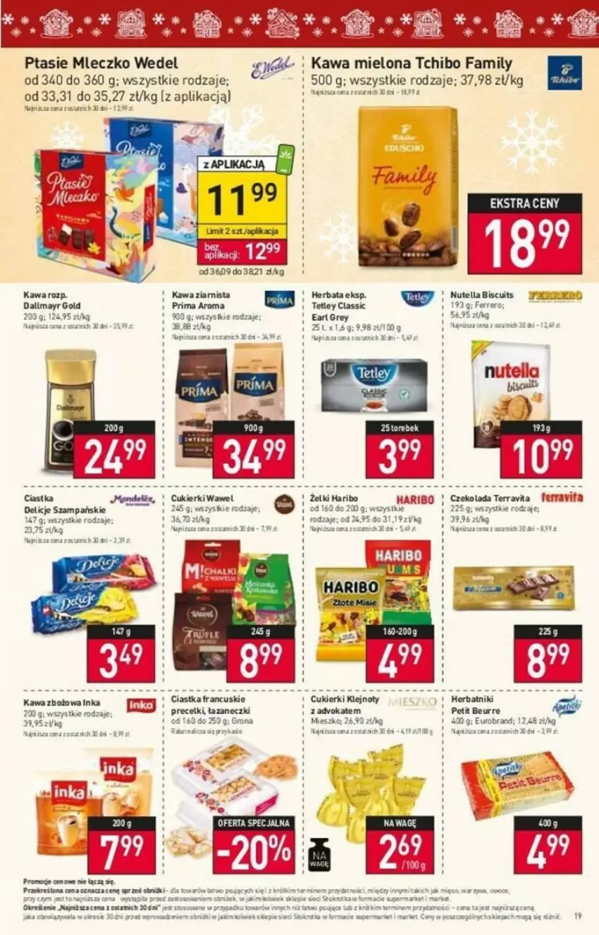 Gazetka promocyjna Stokrotka - ważna 14.12 do 19.12.2023 - strona 11 - produkty: Ciastka, Cukier, Cukierki, Czekolada, Dallmayr, Delicje, Earl Grey, Fa, Gra, Haribo, Herbata, Herbatniki, Inka, Kawa, Kawa mielona, Kawa zbożowa, Kawa ziarnista, Klej, Mleczko, Nutella, Precelki, Ptasie mleczko, Tchibo, Tchibo Family, Termos, Tetley, Wawel