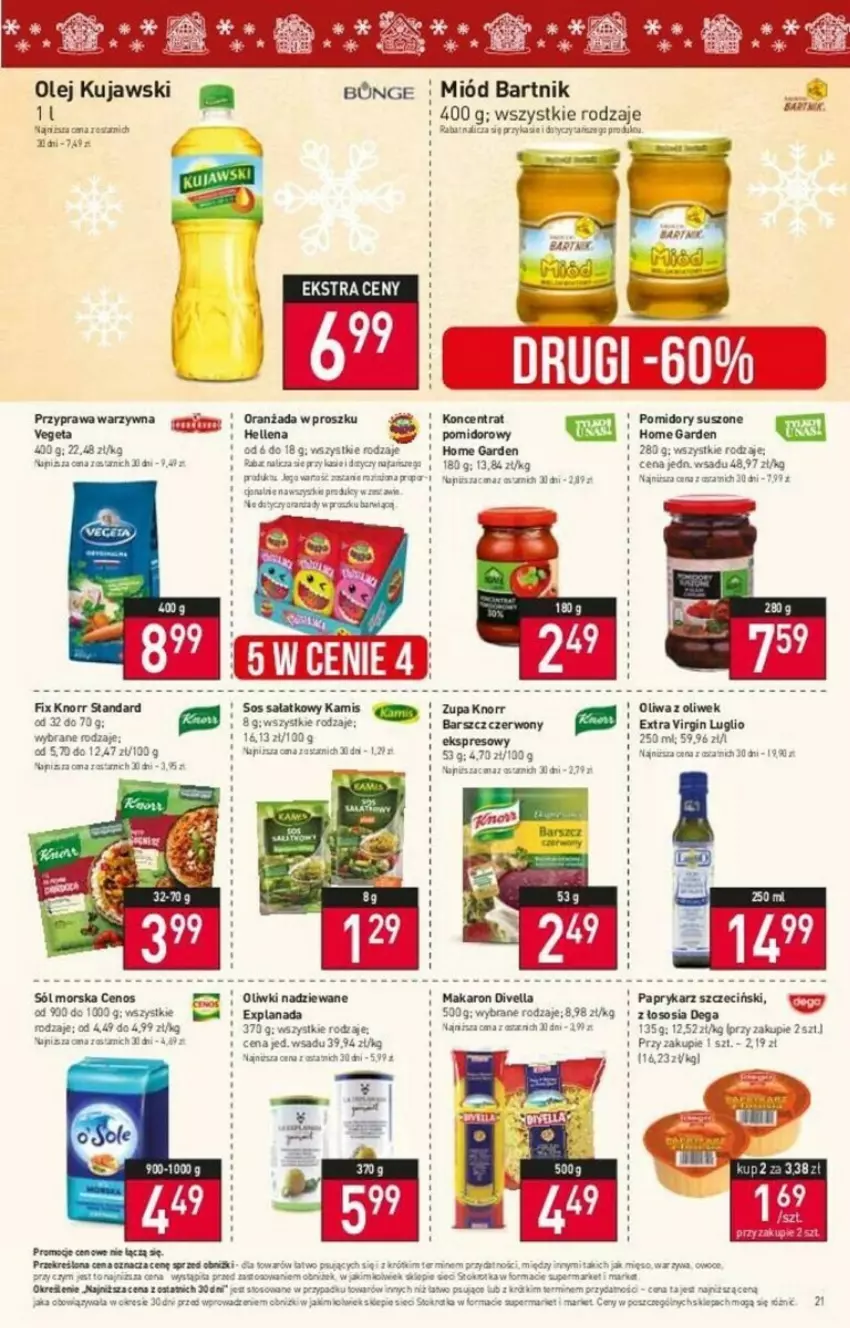 Gazetka promocyjna Stokrotka - ważna 14.12 do 19.12.2023 - strona 14 - produkty: Cenos, Dega, Fa, Gin, Hellena, Knorr, Kujawski, LANA, Makaron, Miód, Olej, Oliwki, Oranżada, Pomidory, Sos, Vegeta, Wella