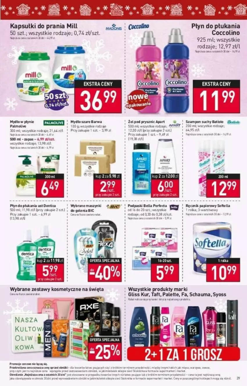 Gazetka promocyjna Stokrotka - ważna 14.12 do 19.12.2023 - strona 22 - produkty: Batiste, Bell, Bella, BIC, Coccolino, Fa, Gliss Kur, Kapsułki do prania, Kawa, Mydło, Mydło w płynie, Owoce, Palette, Papier, Perfecta, Płyn do płukania, Podpaski, Ręcznik, Schauma, Ser, Syoss, Szampon, Taft