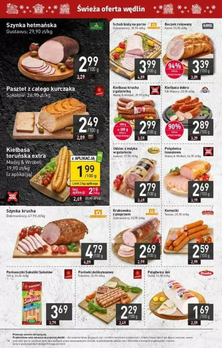 Gazetka promocyjna Stokrotka - ważna 14.12 do 19.12.2023 - strona 6 - produkty: Boczek, Duda, Gala, Kiełbasa, Kiełbasa krucha, Kosz, Kurczak, Lion, Pasztet, Polędwica, Sok, Sokołów, Sos, Szynka