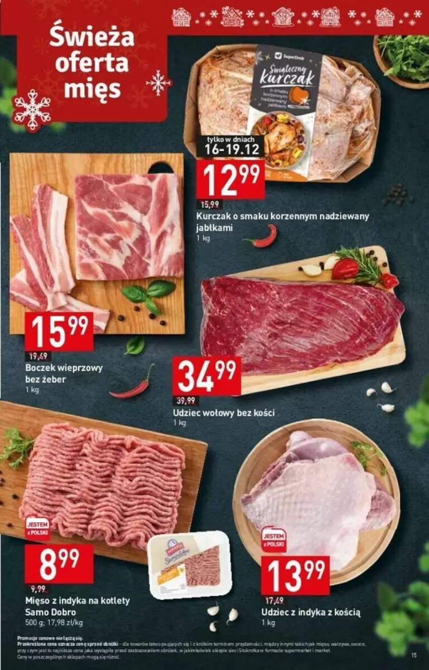 Gazetka promocyjna Stokrotka - ważna 14.12 do 19.12.2023 - strona 7 - produkty: Boczek, Boczek wieprzowy, Jabłka, Kotlet, Kurczak, Merci, Mięso, Mięso z indyka, Udziec wołowy