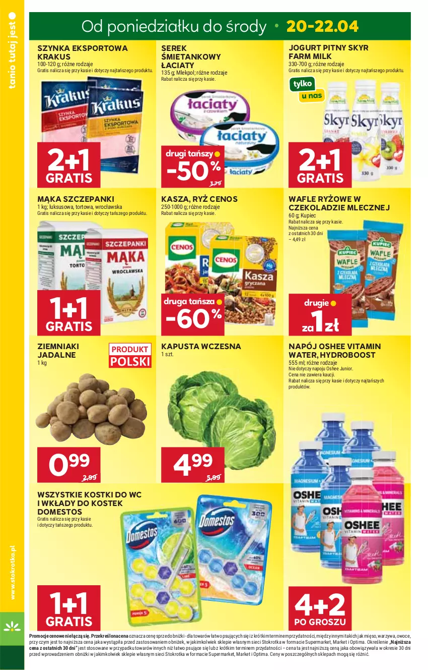 Gazetka promocyjna Stokrotka - Market - ważna 16.04 do 22.04.2026 - strona 10 - produkty: Cenos, Domestos, Fa, Farm Milk, Gra, Jogurt, Jogurt pitny, Kasza, Krakus, Kupiec, Mąka, Mięso, Napój, Optima, Oshee, Owoce, Piec, Por, Ryż, Ser, Serek, Sport, Stek, Szynka, Wafle, Warzywa, Ziemniaki