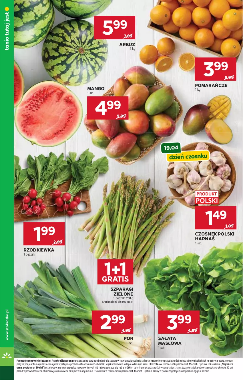 Gazetka promocyjna Stokrotka - Market - ważna 16.04 do 22.04.2026 - strona 12 - produkty: Arbuz, Czosnek, Gra, Harnaś, Mango, Masło, Mięso, Optima, Owoce, Pomarańcze, Por, Rzodkiewka, Sałat, Sałata masłowa, Warzywa