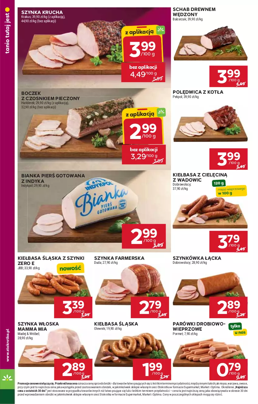 Gazetka promocyjna Stokrotka - Market - ważna 16.04 do 22.04.2026 - strona 14 - produkty: Bianka, Boczek, Duda, Fa, Kiełbasa, Kiełbasa śląska, Krakus, Mięso, Olewnik, Optima, Owoce, Parówki, Pekpol, Piec, Polędwica, Por, Szynka, Szynka farmerska, Warzywa