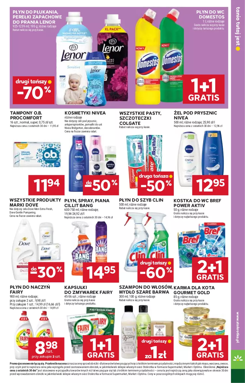 Gazetka promocyjna Stokrotka - Market - ważna 16.04 do 22.04.2026 - strona 33 - produkty: Antyperspirant, Bref, Cillit Bang, Clin, Colgate, Dezodorant, Domestos, Dove, Fa, Fairy, Gourmet Gold, Gra, Kostka do wc, Lenor, LG, Mięso, Mydło, Nivea, O.B., Optima, Owoce, Perełki zapachowe, Płyn do płukania, Płyn do szyb, Płyn do wc, Szampon, Tampony, Warzywa
