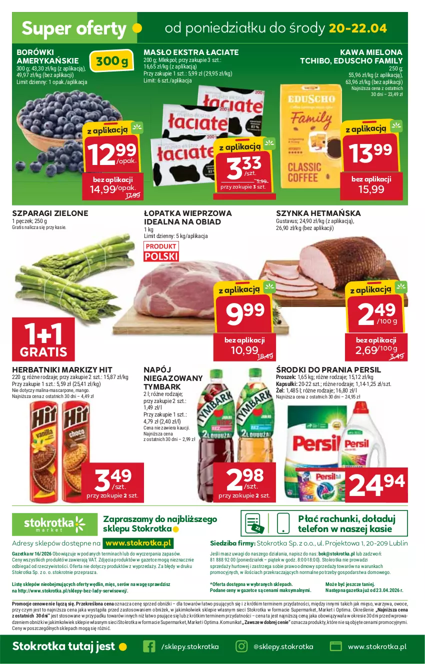 Gazetka promocyjna Stokrotka - Market - ważna 16.04 do 22.04.2026 - strona 38 - produkty: Dres, Fa, Gra, Herbatniki, JBL, Kawa, Kawa mielona, Mango, Mascarpone, Masło, Mięso, Napój, Napój niegazowany, O nas, Optima, Owoce, Persil, Ser, Szynka, Tchibo, Telefon, Tymbark, Wagi, Warzywa