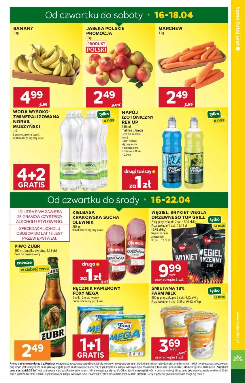 Gazetka promocyjna Stokrotka - Market - ważna 16.04 do 22.04.2026 - strona 9 - produkty: Banany, Fa, Farm Milk, Foxy, Gra, Grill, Jabłka, Kiełbasa, Kiełbasa krakowska, Mięso, Mus, Napój, Napój izotoniczny, Olewnik, Optima, Owoce, Papier, Piwa, Piwo, Ręcznik, Rolki, Sok, Top, Warzywa, Woda