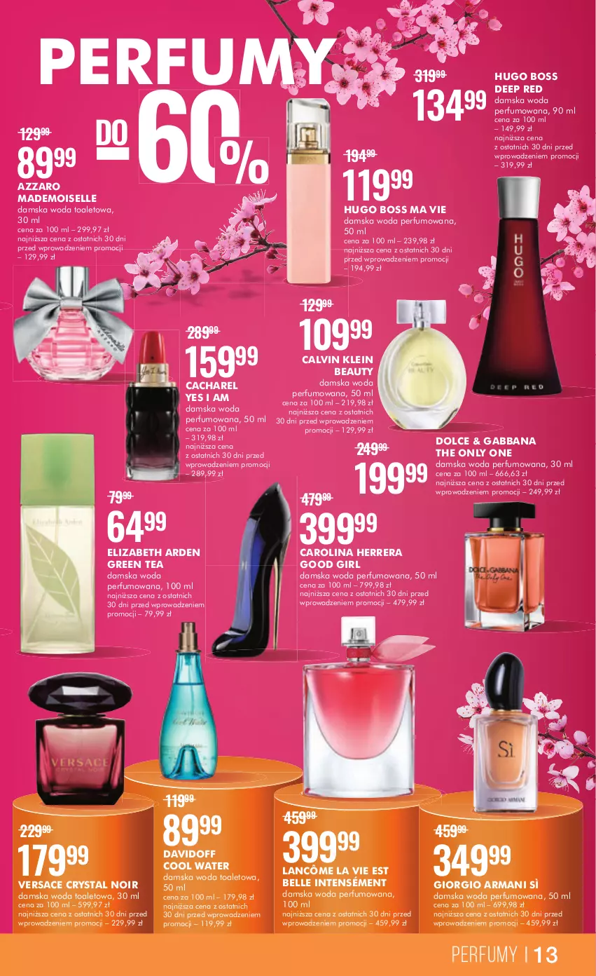 Gazetka promocyjna Super Pharm - Gazetka - ważna 20.03 do 31.03.2023 - strona 13 - produkty: Azzaro, Bell, Cacharel, Calvin Klein, Carolina Herrera, Davidoff, Elizabeth Arden, Giorgio Armani, Hugo Boss, Lancôme, Perfum, Versace, Woda, Woda perfumowana, Woda toaletowa