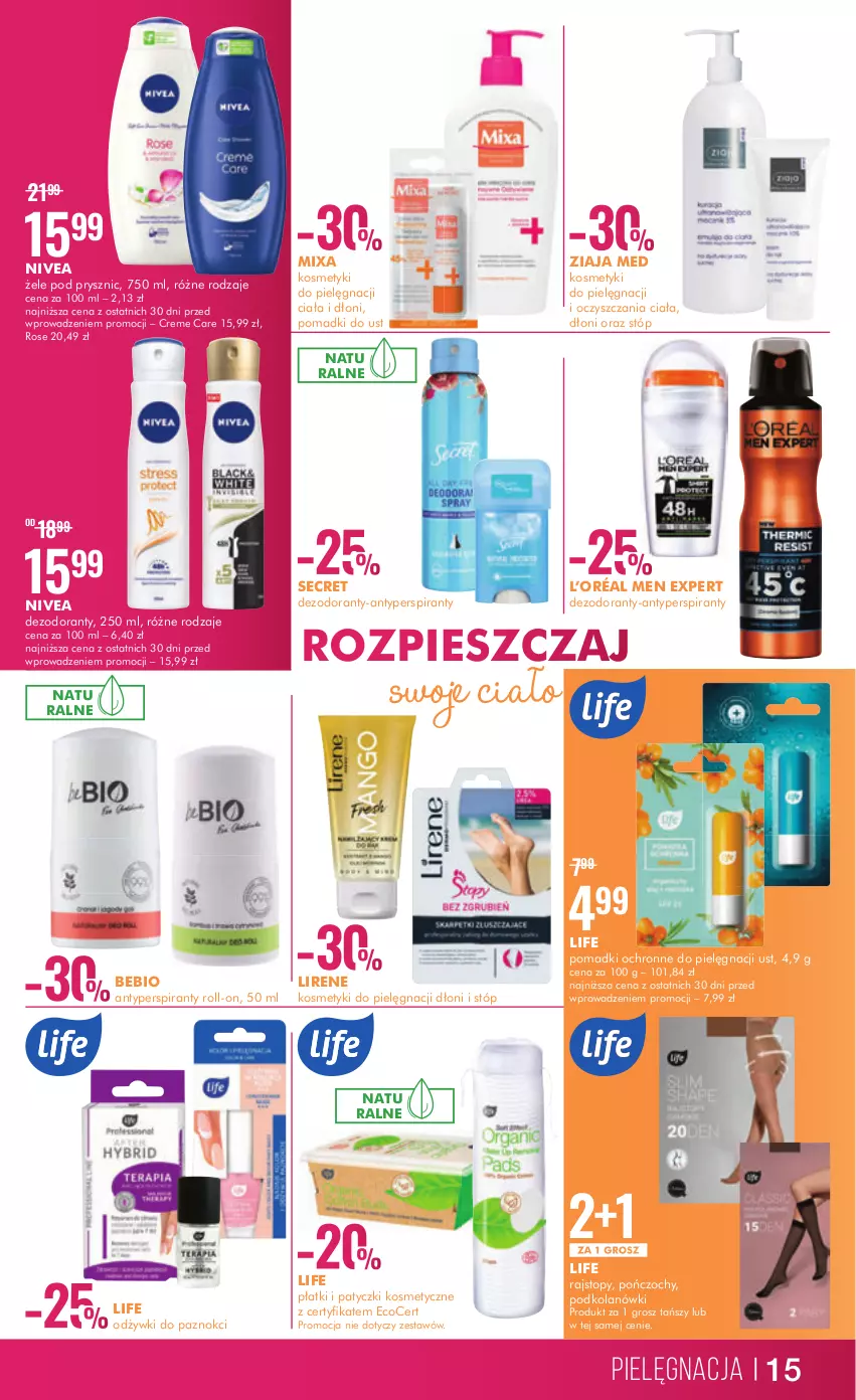 Gazetka promocyjna Super Pharm - Gazetka - ważna 20.03 do 31.03.2023 - strona 15 - produkty: Antyperspirant, Dezodorant, Kosmetyki do pielęgnacji, L’Oréal, Lirene, Mixa, Nivea, Patyczki kosmetyczne, Pończochy, Rajstopy, Top, Ziaja