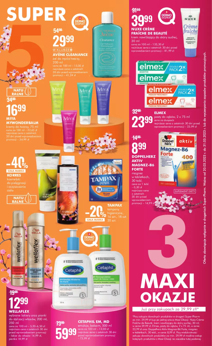 Gazetka promocyjna Super Pharm - Gazetka - ważna 20.03 do 31.03.2023 - strona 2 - produkty: Avène, Cetaphil, Doppelherz, Elmex, Emulsja, Kosmetyki do pielęgnacji, Krem nawilżający, Lakier, Lakier do włosów, Magnez, Nuxe, Olej, Pax, Suplement diety, Tablet, Tampax, Tampony, Wella, Wellaflex