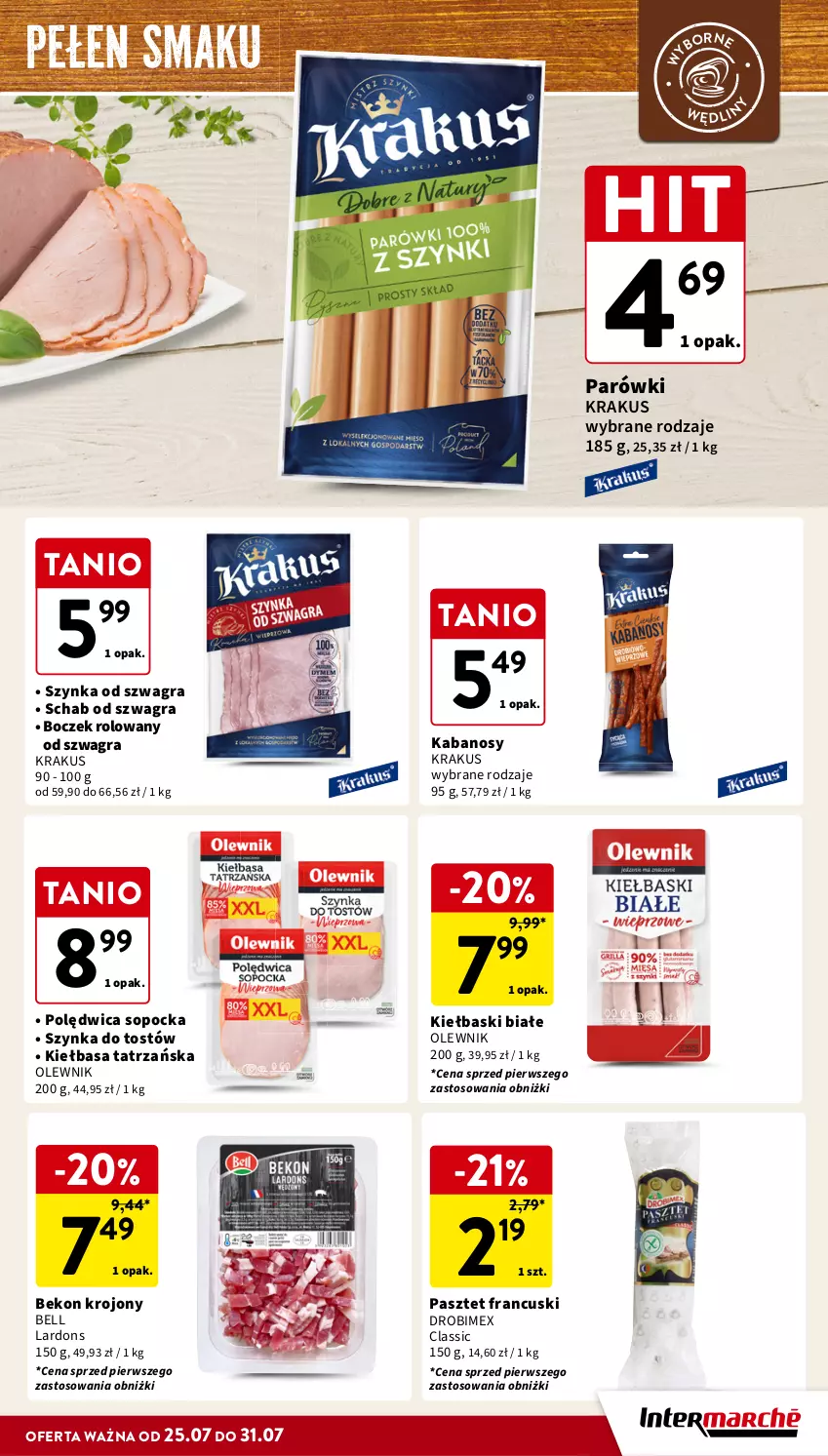 Gazetka promocyjna Intermarche - Gazetka Intermarche - ważna 25.07 do 31.07.2024 - strona 13 - produkty: Beko, Bell, Boczek, Drobimex, Gra, Kabanos, Kiełbasa, Kiełbaski białe, Krakus, Olewnik, Parówki, Pasztet, Polędwica, Szynka