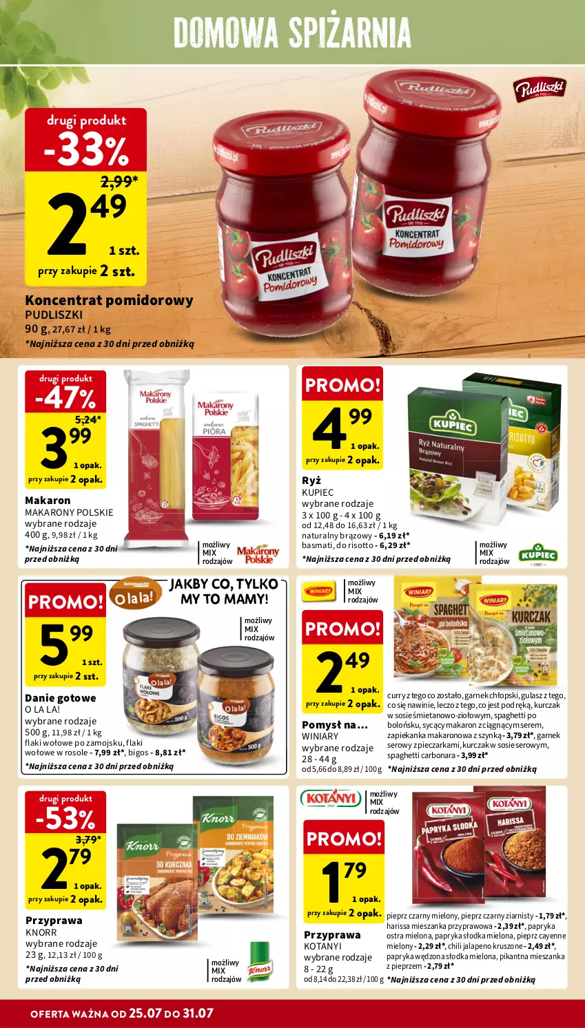 Gazetka promocyjna Intermarche - Gazetka Intermarche - ważna 25.07 do 31.07.2024 - strona 26 - produkty: Bigos, Danie gotowe, Flaki, Flaki wołowe, Garnek, Knorr, Koncentrat pomidorowy, Kupiec, Kurczak, Makaron, Papryka, Papryka słodka, Papryka wędzona, Piec, Pieczarka, Pieprz, Pudliszki, Ryż, Ser, Sos, Spaghetti, Winiary, Zapiekanka