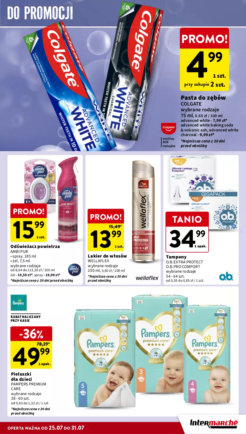 Gazetka promocyjna Intermarche - Gazetka Intermarche - ważna 25.07 do 31.07.2024 - strona 35 - produkty: Ambi Pur, Colgate, Dzieci, Lakier, Lakier do włosów, LG, O.B., Odświeżacz powietrza, Pampers, Pasta do zębów, Pur, Tampony, Wella, Wellaflex