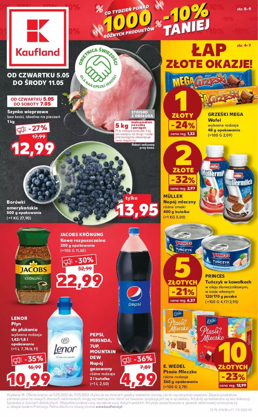 Gazetka promocyjna Kaufland - OFERTA TYGODNIA - ważna 05.05 do 11.05.2022 - strona 1 - produkty: 7up, E. Wedel, Grześki, Jacobs, Jacobs Krönung, Kawa, Kawa rozpuszczalna, Lenor, Mirinda, Mleczko, Müller, Napój, Napój gazowany, Napój mleczny, Olej, Pepsi, Piec, Płyn do płukania, Ptasie mleczko, Sos, Szynka, Szynka wieprzowa, Tuńczyk