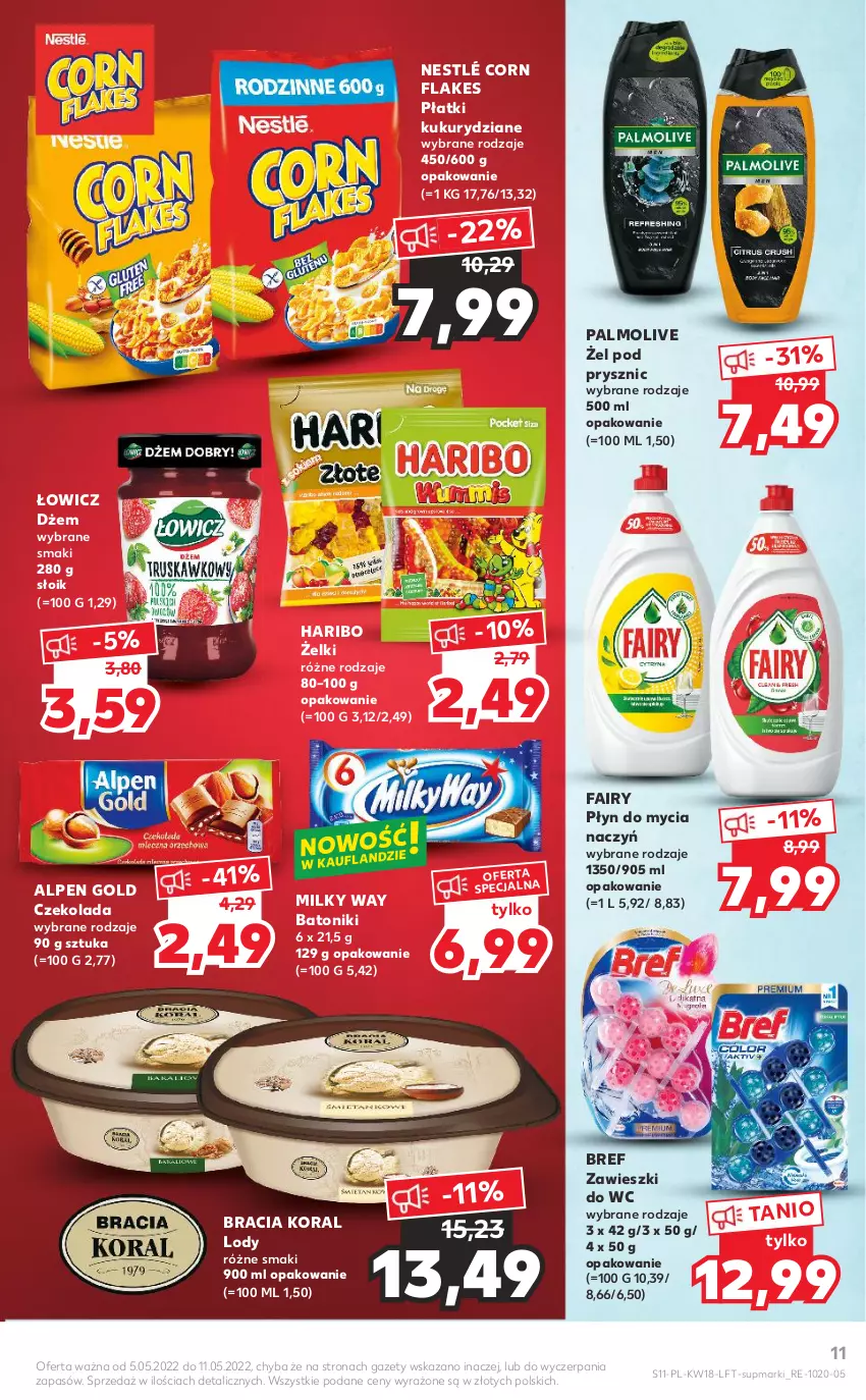 Gazetka promocyjna Kaufland - OFERTA TYGODNIA - ważna 05.05 do 11.05.2022 - strona 11 - produkty: Baton, Bref, Corn flakes, Czekolada, Do mycia naczyń, Dżem, Fa, Fairy, Haribo, Lody, Milky Way, Nestlé, Palmolive, Płyn do mycia, Płyn do mycia naczyń, Tonik, Zawieszki