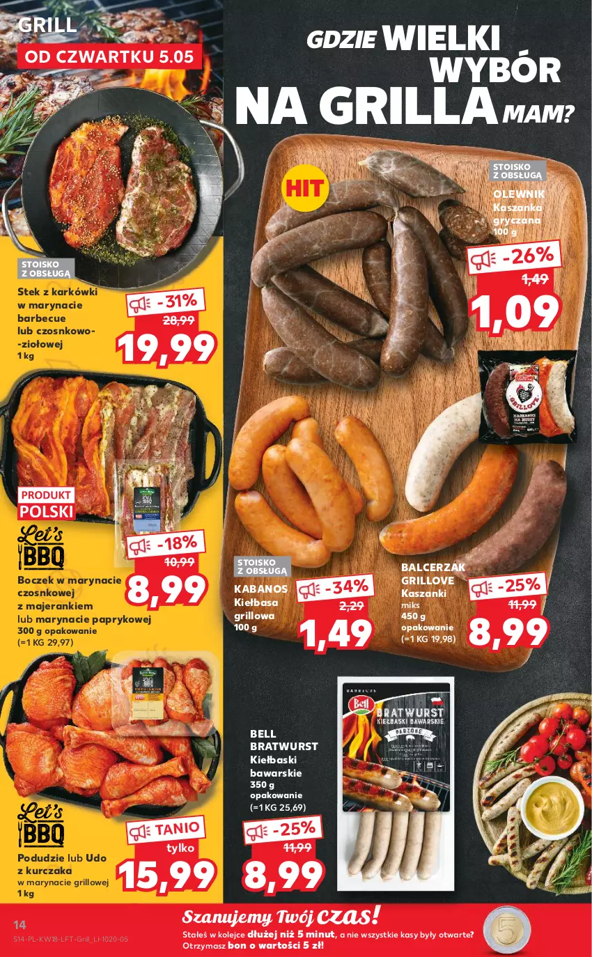 Gazetka promocyjna Kaufland - OFERTA TYGODNIA - ważna 05.05 do 11.05.2022 - strona 14 - produkty: Bell, Boczek, Grill, Gry, Kabanos, Kasza, Kaszanka, Kiełbasa, Kurczak, Olej, Olewnik, Stek, Udo z kurczaka