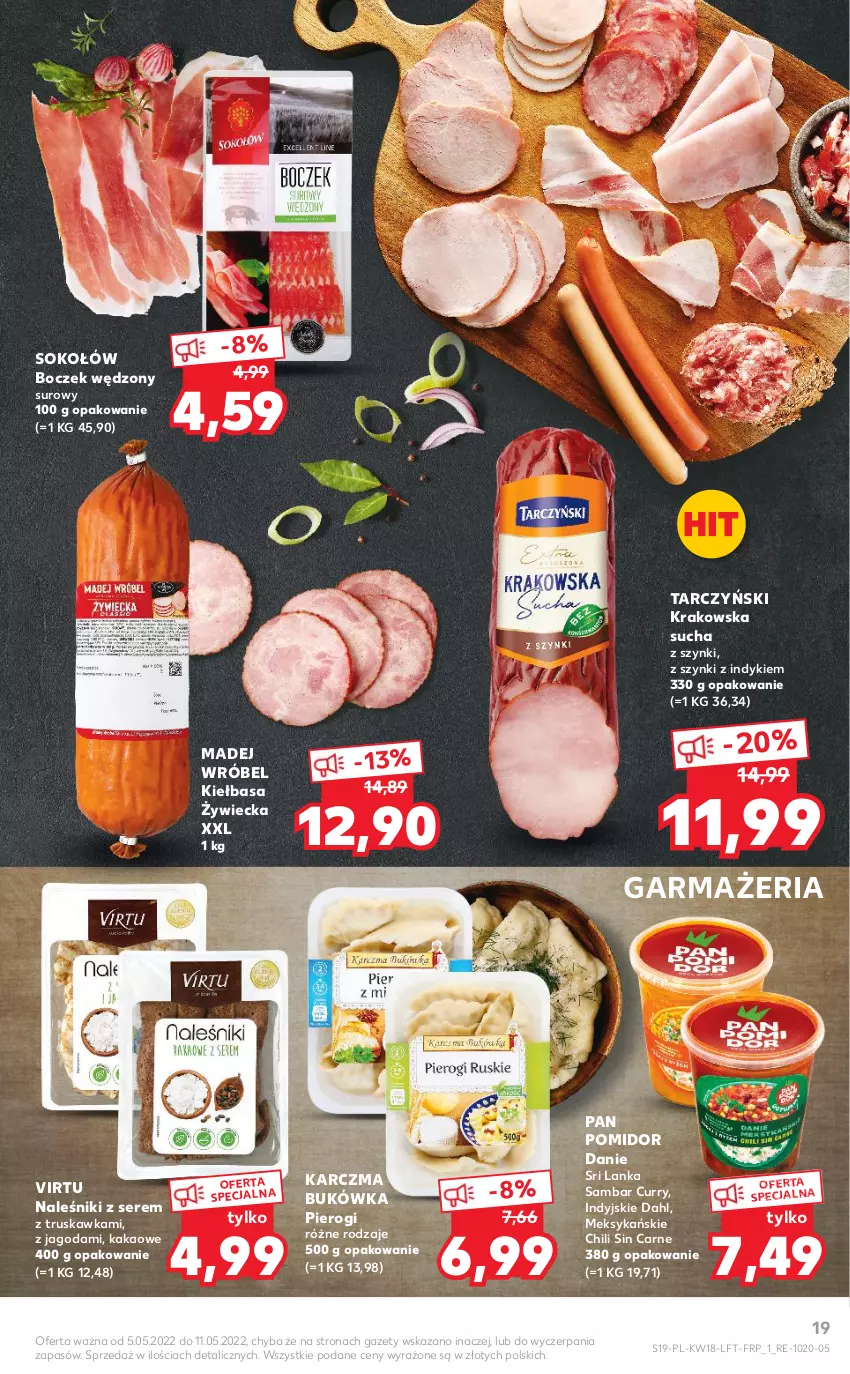 Gazetka promocyjna Kaufland - OFERTA TYGODNIA - ważna 05.05 do 11.05.2022 - strona 19 - produkty: Boczek, Kakao, Kiełbasa, Madej Wróbel, Naleśniki, Pierogi, Ser, Sok, Sokołów, Tarczyński, Virtu