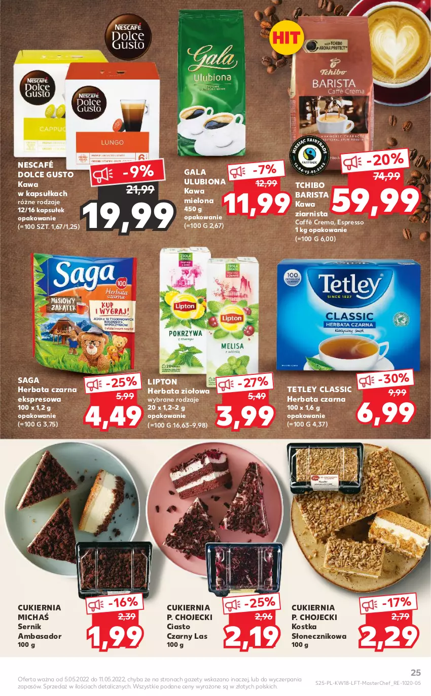 Gazetka promocyjna Kaufland - OFERTA TYGODNIA - ważna 05.05 do 11.05.2022 - strona 25 - produkty: Cukier, Dolce Gusto, Gala, Herbata, Herbata czarna, Kawa, Kawa mielona, Kawa ziarnista, Lipton, Nescafé, Saga, Ser, Tchibo, Tchibo Barista, Tetley