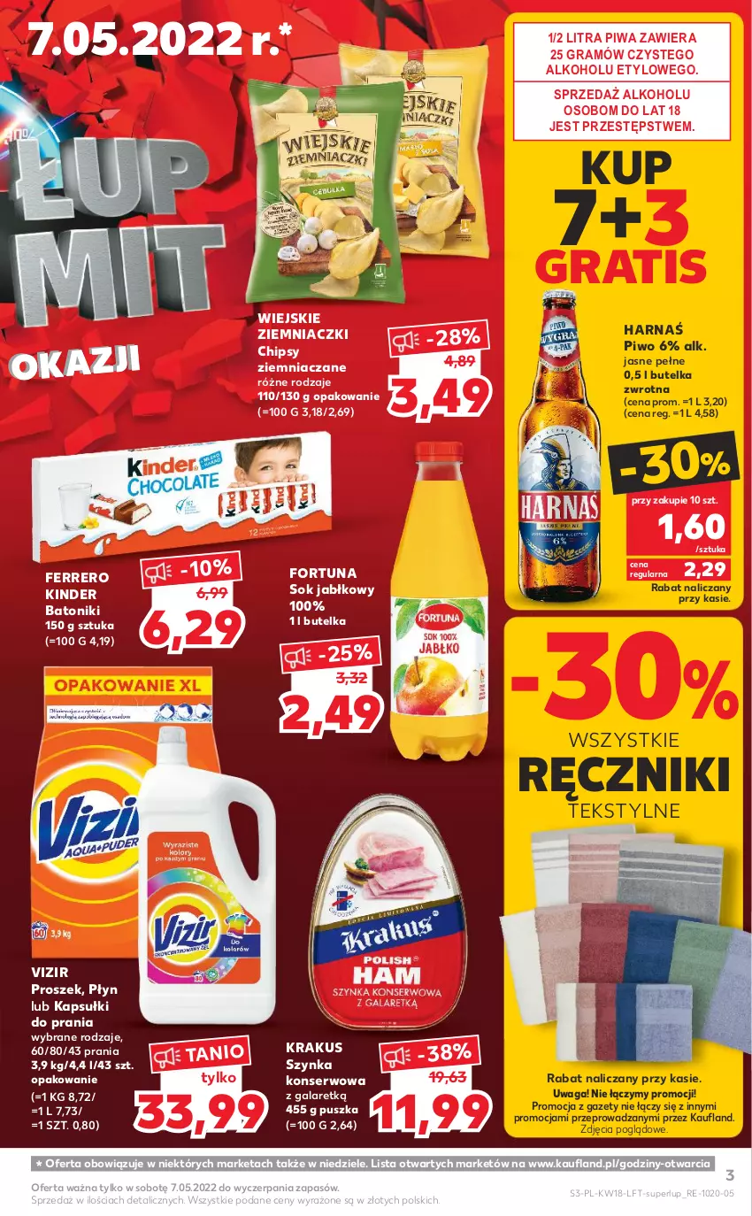 Gazetka promocyjna Kaufland - OFERTA TYGODNIA - ważna 05.05 do 11.05.2022 - strona 3 - produkty: Baton, Chipsy, Ferrero, Fortuna, Gala, Gra, Harnaś, Kapsułki do prania, Kinder, Krakus, Piwa, Piwo, Ręcznik, Ser, Sok, Sok jabłkowy, Szynka, Szynka konserwowa, Tonik, Vizir, Waga