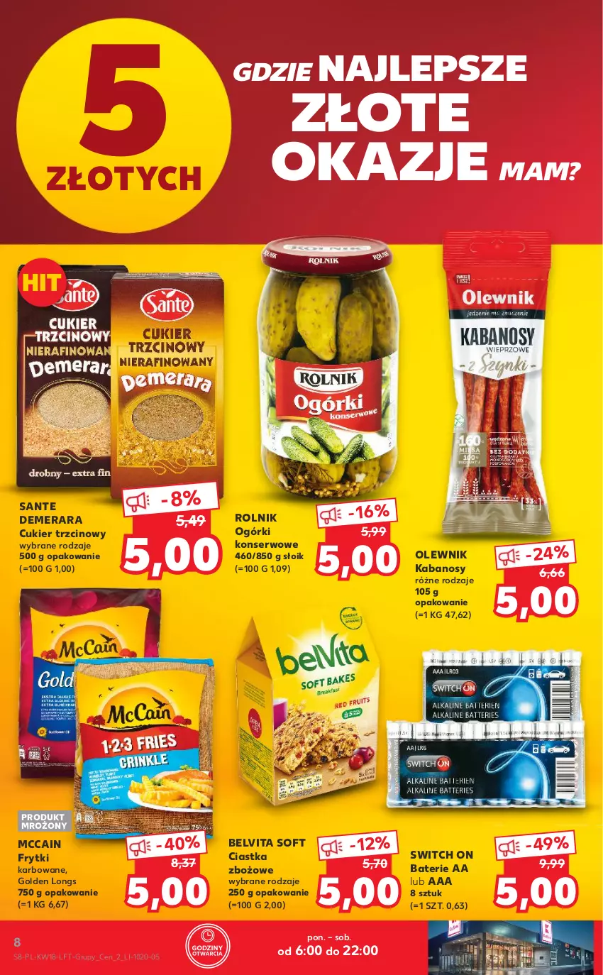 Gazetka promocyjna Kaufland - OFERTA TYGODNIA - ważna 05.05 do 11.05.2022 - strona 8 - produkty: BelVita, Ciastka, Cukier, Cukier trzcinowy, Frytki, Kabanos, McCain, Ogórki konserwowe, Olewnik, Rolnik, Sante, Ser