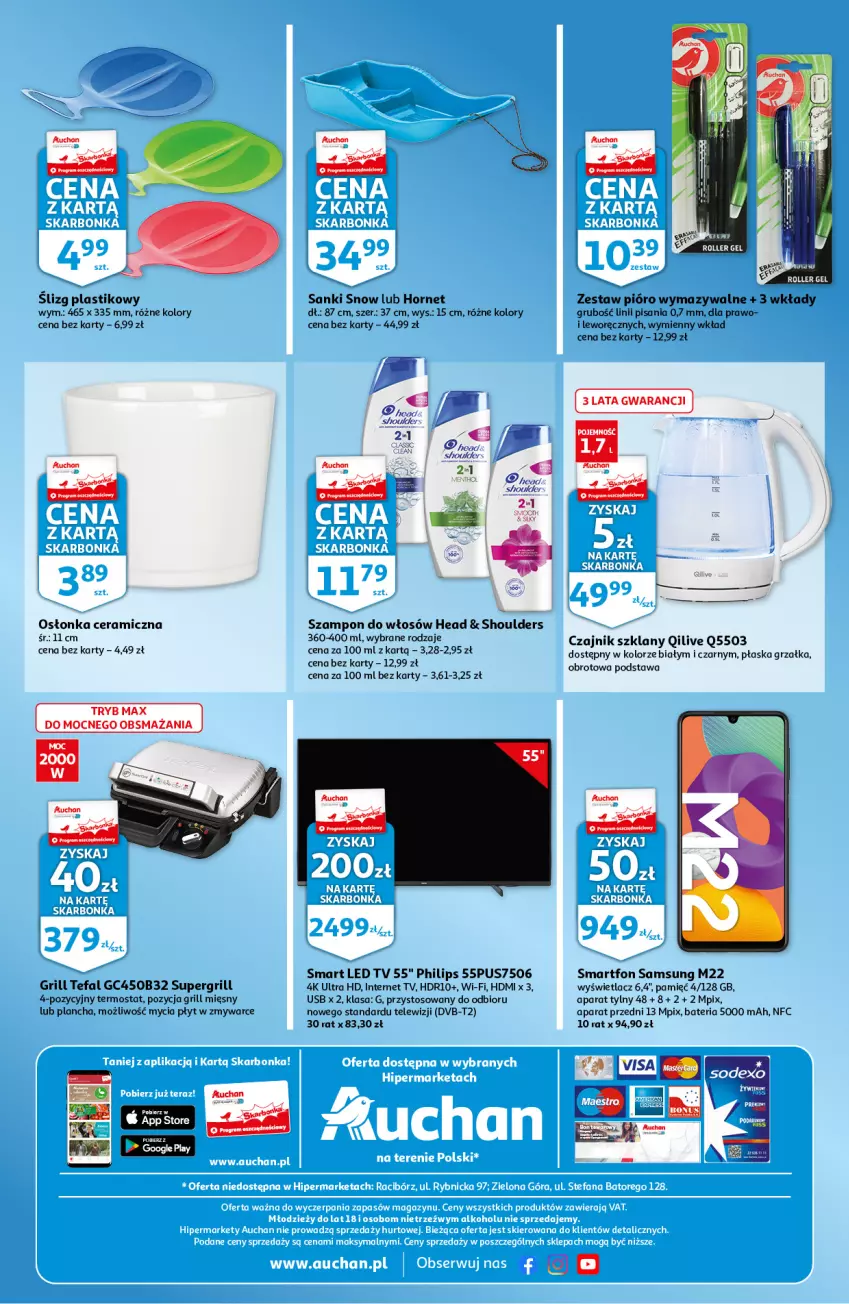 Gazetka promocyjna Auchan - Skarbonka #4 - ważna 27.01 do 03.02.2022 - strona 4 - produkty: Bateria, Czajnik, Fa, Grill, Grzałka, LED TV, Osłonka, Philips, Samsung, Sanki, Smartfon, Szampon, Tefal, Termos