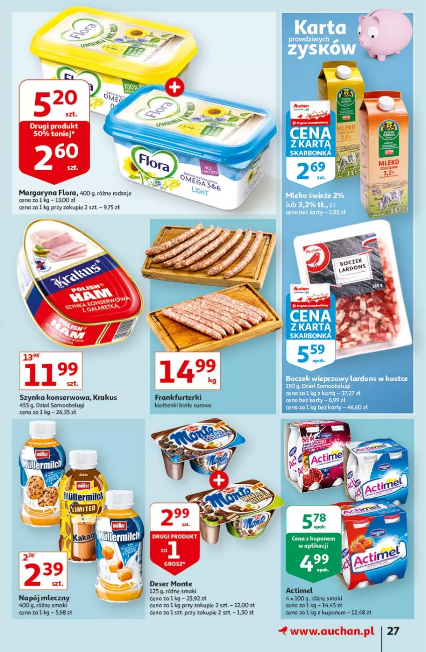 Gazetka promocyjna Auchan - Sale Hipermarkety - ważna 24.06 do 30.06.2021 - strona 27 - produkty: Actimel, Deser, Flora, Frankfurterki, Kiełbaski białe, Krakus, Margaryna, Monte, Napój, Napój mleczny, Ser, Szynka, Szynka konserwowa