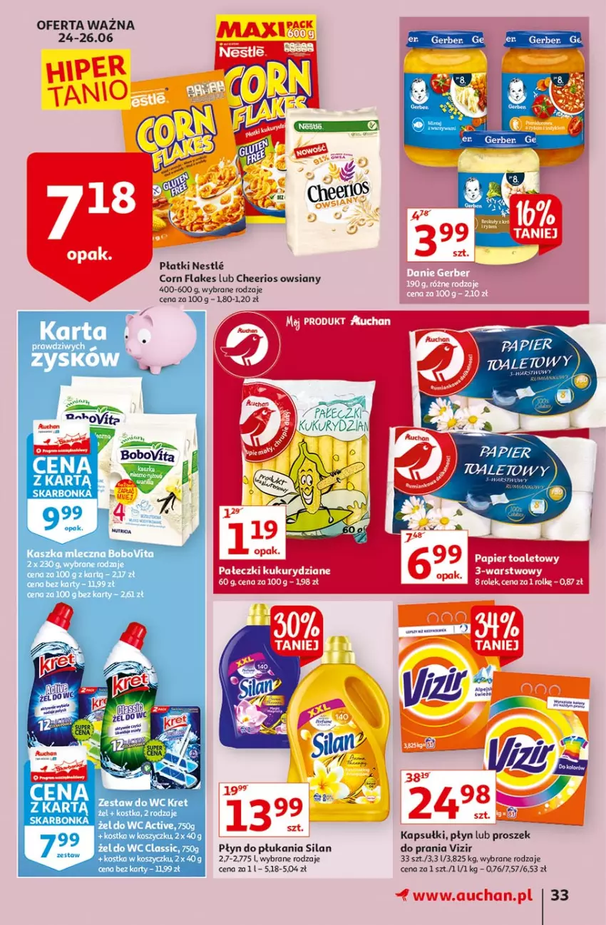 Gazetka promocyjna Auchan - Sale Hipermarkety - ważna 24.06 do 30.06.2021 - strona 33 - produkty: BoboVita, Cheerios, Corn flakes, Kosz, Kret, Płyn do płukania, Por, Silan, Vizir, Zestaw do wc