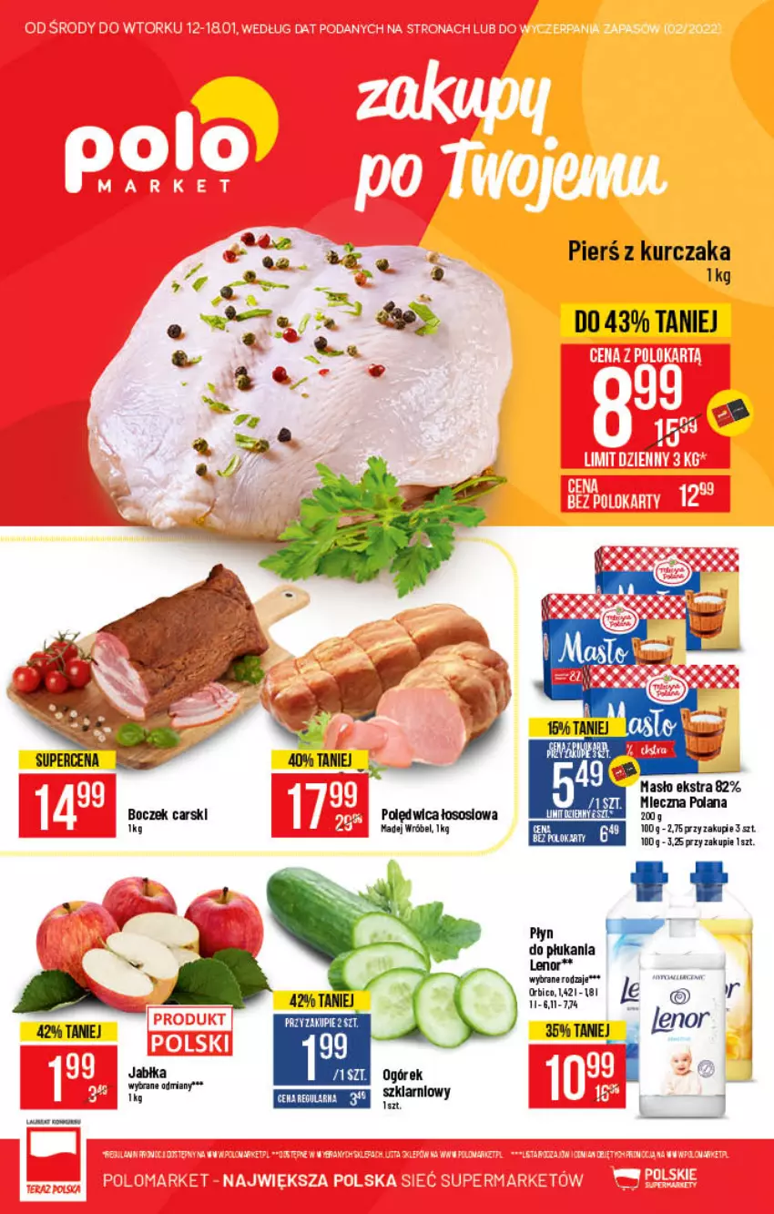 Gazetka promocyjna PoloMarket - Gazetka pomocyjna - ważna 12.01 do 18.01.2022 - strona 1 - produkty: Boczek, Cars, LANA, Lenor, Madej Wróbel, Masło, Ogórek, Polędwica, Sos