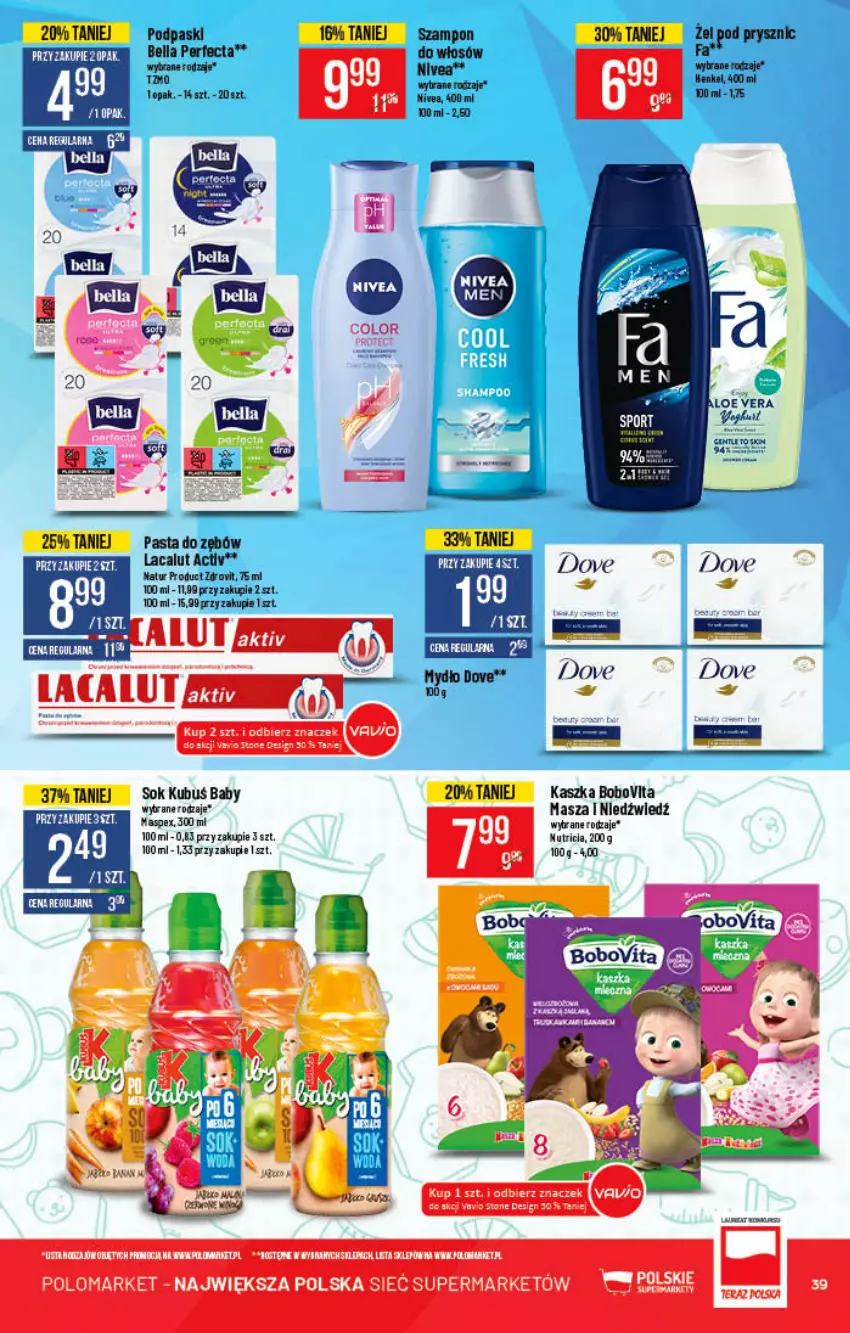 Gazetka promocyjna PoloMarket - Gazetka pomocyjna - ważna 12.01 do 18.01.2022 - strona 39 - produkty: Bell, Bella, BoboVita, Dove, Fa, Kubuś, Lacalut, Masza i Niedźwiedź, Nivea, Perfecta, Podpaski, Sok, Szampon, Tran