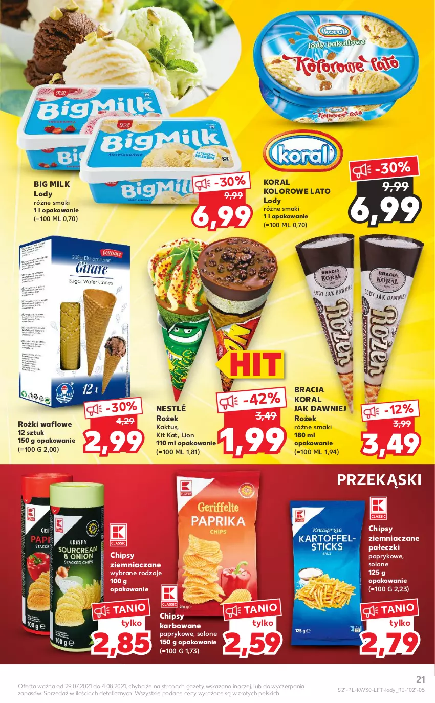 Gazetka promocyjna Kaufland - OFERTA TYGODNIA - ważna 29.07 do 04.08.2021 - strona 21 - produkty: Big Milk, Chipsy, Kaktus, Kit Kat, Lion, Lody, Nestlé