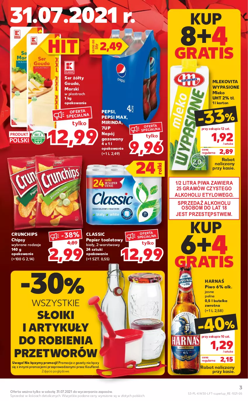 Gazetka promocyjna Kaufland - OFERTA TYGODNIA - ważna 29.07 do 04.08.2021 - strona 3 - produkty: 7up, Chipsy, Crunchips, Gouda, Gra, Harnaś, Mirinda, Mleko, Mlekovita, Napój, Napój gazowany, Papier, Papier toaletowy, Pepsi, Pepsi max, Piwa, Piwo, Rolki, Ser, Waga