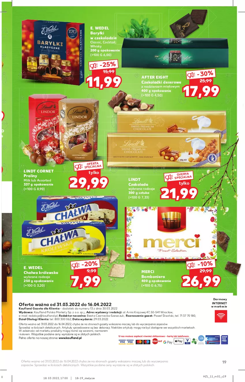 Gazetka promocyjna Kaufland - Oferta specjalna - ważna 31.03 do 16.04.2022 - strona 19 - produkty: Baryłki, Bomboniera, Chałwa, Czekolada, Deser, Dres, E. Wedel, Lindt, Lody, Merci, Praliny, Ser, Whisky